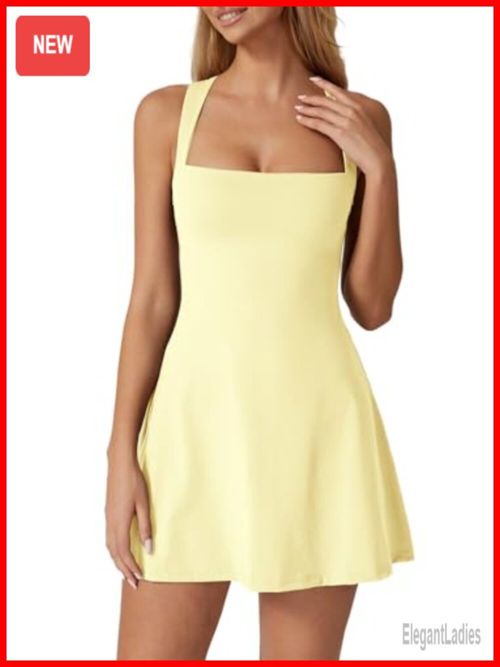 Sleeveless Square Neck Tennis Dress with Built-in Shorts & Pockets Athletic